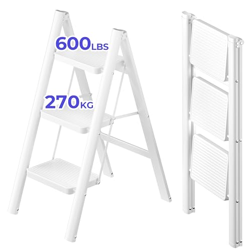 JOISCOPE Escalera Plegable de 3 peldaños, Escalera de Tijera, Alfombra de Goma Antideslizante,...