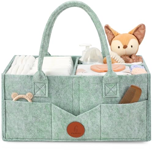 Image of Maliton Felt Diaper Caddy Organizer for Changing Table - Large, Green | 15x9x7 inch Portable Nursery Storage Bin and Car Organizer for Diapers, Wipes. Boy & Girl Shower Gift Basket, Baby Essentials