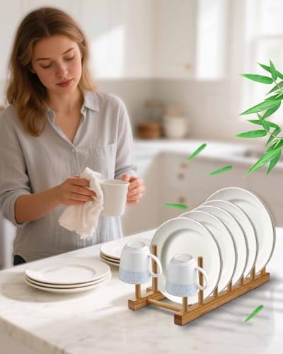 Image of Bamboo Dish Rack, Stylish Vertical Wooden Plate Holder & Drainer, Multi-Purpose Kitchen Cabinet Organizer for Dishes, Pots, Lids, Bowls, Cups & Cutting Boards（6-Slot Design）