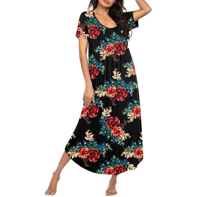 Ekouaer Long Nightgowns for Women House Dress Plus Size Sleepwear Pleated Full Length Loungwear S-4XL