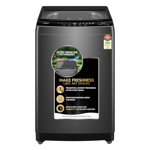 Haier 10.5 Kg 5 Star Fully Automatic Top Load Washing Machine With Ultra Fresh Air Technology, Oceanus Wave Steel Drum (ETL105-CAFS8, Grey, Black, Custom Wash Cycles, 15 Mins Quick Wash)
