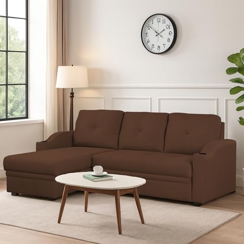 Image of Casaliving Ravonna LHS 4 Seater L Shape Corner Sofa Cum Bed for Living Room (Brown Fabric) Premium Fabric Sofa