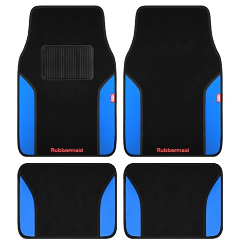 Rubbermaid Car Mats, Carpeted Floor Car Mat with Faux Leather & Built-in Heel Pad, Two-Tone Car Rug Floor Mats, Stylish Carpeted Floor Mats for Cars, Trucks & SUVs Blue Color