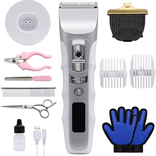 JAKEMY Dog Clippers Low Noise Pet Clippers Rechargeable Dog Trimmer Cordless Pet Grooming Tool Comb Guides Scissors Nail Kits with Pet Glooming Glove for Dogs Cats & Others