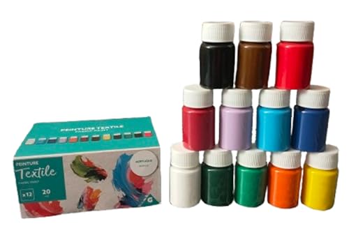 Genérico Pintura Textil – Lote de 12 colores – Pinturas de tela permanente – Resistente al lavado – Para Algodón, Vaqueros, Lona – Ocio Creativo & DIY