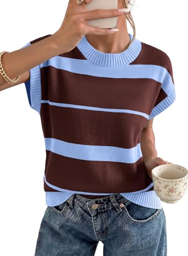 EVALESS Women's Striped Short Sleeve Knit Sweater Top