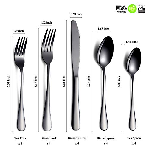 Black Flatware Set 20 Piece Service For 4, Black Titanium Plated Stainless Steel Silverware Set Service For 4 (Shiny, Black) #TOP1