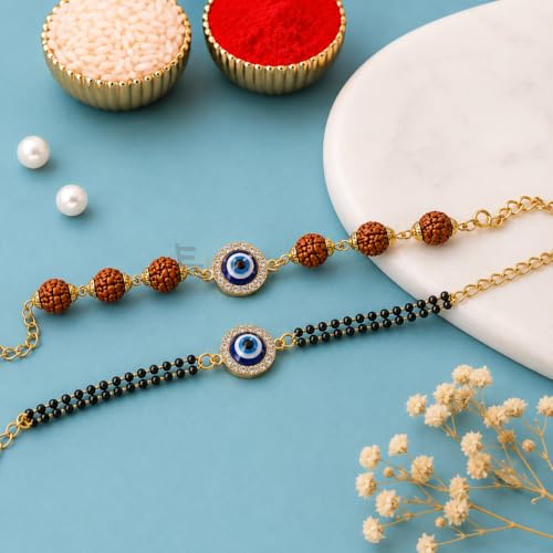 Image of EITHEO Bhaiya Bhabhi Rakhi Set with Evil Eye Charm, Rudraksha Rakhi & Black Bead Lumba Bracelet, Handmade Gift with Roli Chawal, Chandan & Mishri (Couple Set of 4)