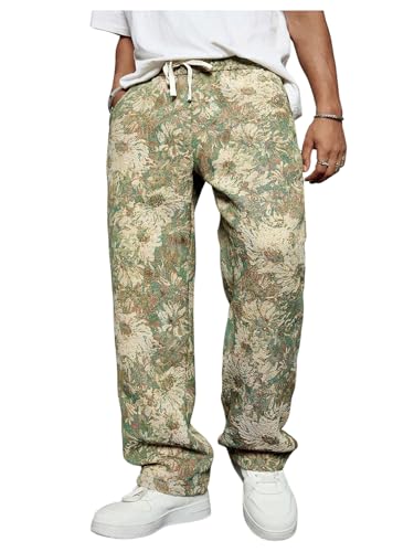 Verdusa Men's Boho Floral Print Casual Pants Grunge Straight Leg Long Trousers