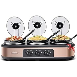 Sunvivi 1.5 Quart Triple Slow Cooker and Buffet Server,Small Mini Slow Cooker with 3 Upgraded Oval Ceramic Cooking Pots and Glass Lids,3 Spoons and 3 Lid Holders,4.5 QT