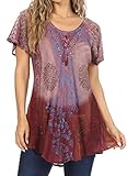 Sakkas 19218 - Marzia Women's Loose Fit Short Sleeve Casual Tie Dye Batik Blouse Top Tunic - 19208-Mauve - OS