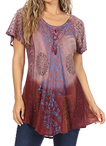 Sakkas 19218 - Marzia Women's Loose Fit Short Sleeve Casual Tie Dye Batik Blouse Top Tunic - 19208-Mauve - OSP