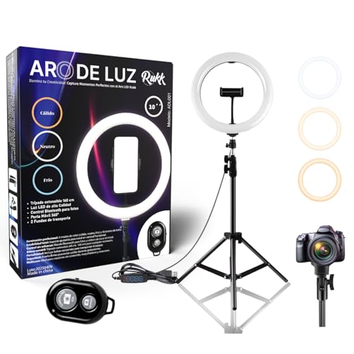 Rukk© Aro de Luz con Tripode | 10” 3 Modos con Control Remoto 10 Brillos Regulables| Anillo de Luz para Movil| Ring Light |TikTok, Maquillaje, Selfie, Streaming, Youtube, Twich Live