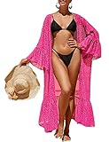 Bsubseach Women Rose Dot Print Chiffon Swimsuit Cover Up Bell Sleeve Swimwear Long Kimono Cardigan