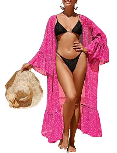 Bsubseach Women Rose Dot Print Chiffon Swimsuit Cover Up Bell Sleeve Swimwear Long Kimono Cardigan