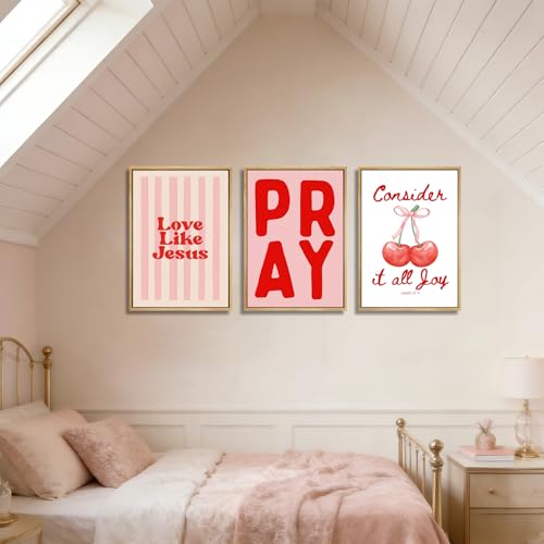 3Pcs Pink Christian Wall Art Trendy Christian Bible Verse Pictures Wall Decor Preppy Coquette Bow Scripture Aesthetic Posters Prints for Girly Bedroom Dorm Apartment Unframed 12x16in — view 3