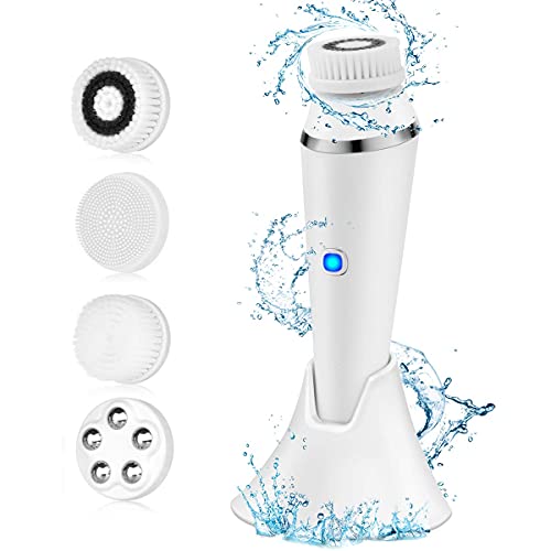 Rechargeable Facial Cleansing Spin Brush Set, Waterproof Electric Face Cleansing Brush with 4 Brush Heads 3 Modes for Deep Skin Cleansing Exfoliating Massaging