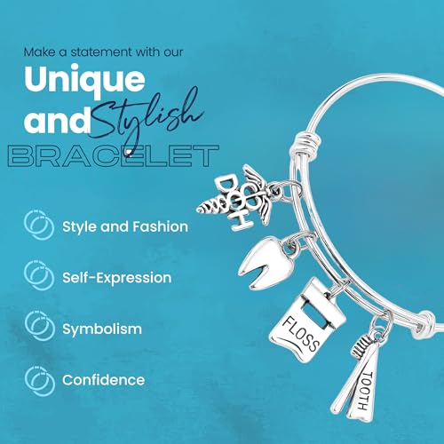Infinity Collection Dental Hygienist Charm Bracelet – Adjustable Bangle With Tooth, Caduceus, Floss & Brush Charms – Dentist, Dental Assistant, Technician Gift For Women – Includes Velvet Pouch by Infinity Collection - Image 4
