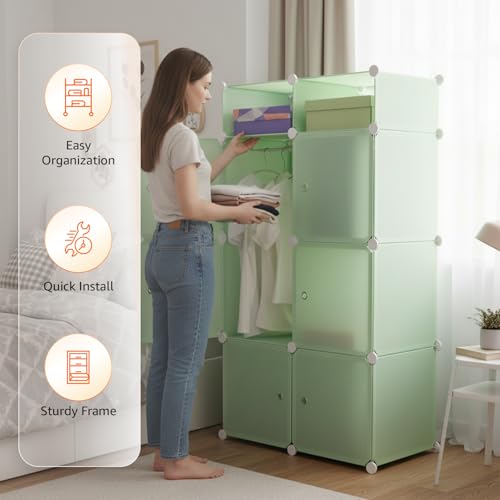 Image of Amazon Basics Plastic Modular Wardrobe Storage Cabinet for Home | 8 Cube Organizer with Doors | DIY Foldable Closet for Clothes, Toys & Essentials | Green with Stickers | 75 x 37 x 128 cm