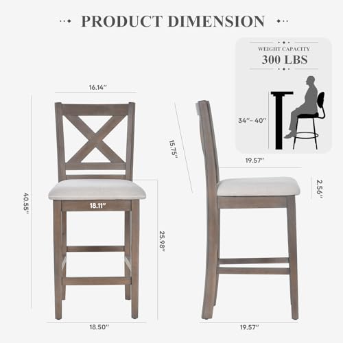 Image of COLAMY Upholstered Counter Height Bar Stools Set of 4, Modern Kitchen Island Barstools Chairs with Cross Back and Wood Legs for Dining Room Bar, Light Brown Wash