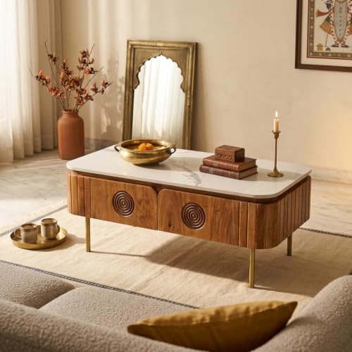 Image of Solid Wood Mandala Coffee Table with Sintered Stone Top for Living Room | Dark Teak Finish Lacquered | 115 cm (W) x 60 cm (D) x 45 cm (H)