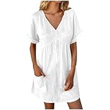 vestidos casuales para mujer summer linen dresses for women 2024 casual v neck knee length sundresses with sleeve comfy summer vacation dresses cotton summer dresses for women 2024 trendy White S