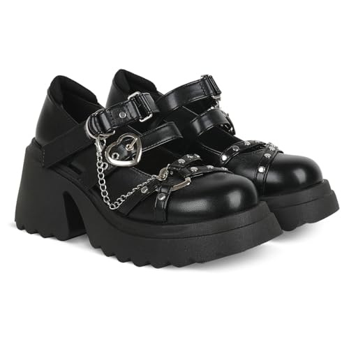 Image of Parisuit Womens Goth Platform Mary Janes Heels Buckle Chain Punk Cosplay Shoes Ankle Strap Chunky Heel Round Toe Pumps