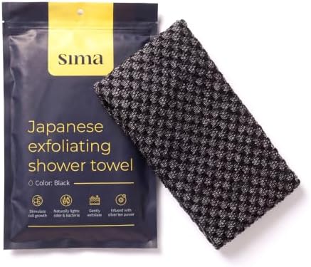 Sima Brand Exfoliating Washcloth Face & Body Scrub Towel - Japanese Exfoliating Towel with Hexagon Fibers, Body Scrubber with 2 Sides for Scrubbing & Washing, Extra Long Body Towels (Black)