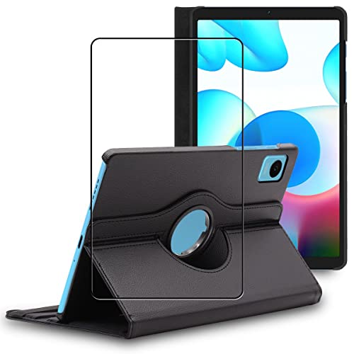 ebestStar - Hülle für Realme Pad mini 8.7 (2022), Drehbar Schutzhülle, PU-Lederhülle, Rotierende Ständer Etui, Rotating Hülle Cover, Schwarz + Panzer Schutz Glas