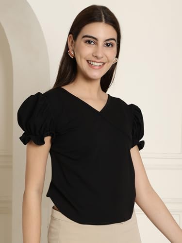 Image of Pinkmint Women Stylish T-Shirt l Short Balloon Sleeve Top's l V Neck Crop Top l Elegant Casual Tops for Girls (Pack of 1)