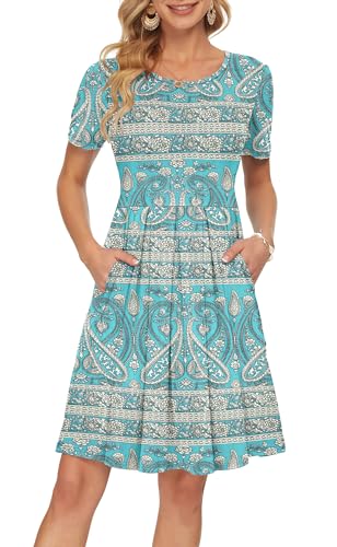 AUSELILY Women's Short Sleeve Pleated Loose Swing Casual Dress with Pockets Knee Length Boho Floral Green 2XL