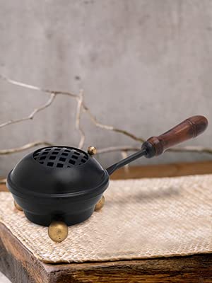 Charcoal Incense Burner With Wooden Handle Small Iron Black Diameter 3.15 Inch #TOP1