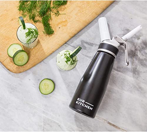 Eurkitchen Professional Aluminum Whipped Cream Dispenser - Leak-Free Whip Cream Maker Canister With 3 Decorating Nozzles & Cleaning Brush - 1-Pint / 500 Ml Cream Whipper - N2O Chargers (Not Included) #TOP4