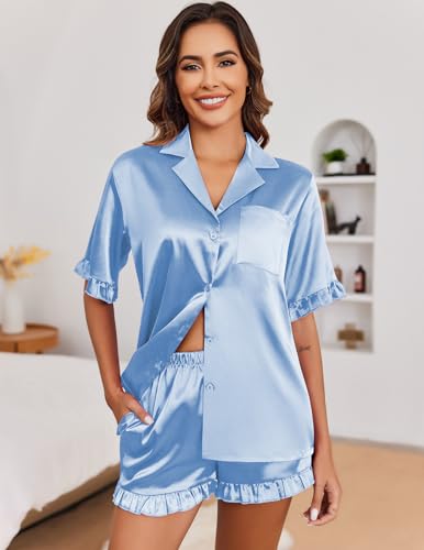 Image of Ekouaer Satin Pajama Set for Women Button Down Silk 2 Piece Pj Sets Ruffle Short Sleeve Sleepwear