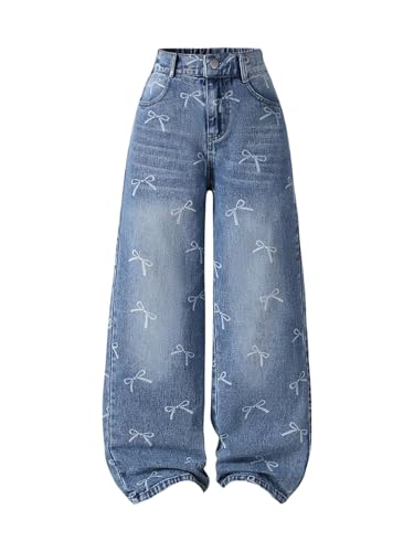SHENHE Girl's Baggy Jeans Bow Print Wide Leg High Waisted Loose Y2k Jeans Denim Pants