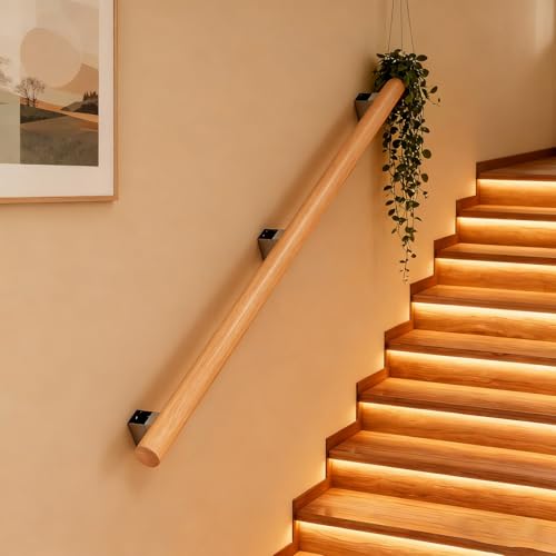 Rambarde d'escalier design en hêtre massif et inox, barre pliable de 200 cm
