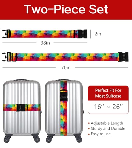 Image of Luggage Straps for Suitcases Travel Belt Luggage Band with Lock Heavy Duty Traveling Luggage Identifier Colorful Rainbow Cute Women Girls Unique Accesory Personalized