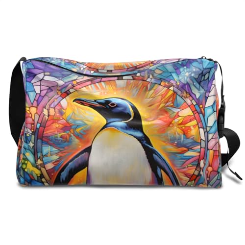 Leather Travel Duffle Bag for Women Men, Glass Painting Penguin Cute Small Sports Gym Bag Weekender Overnight Bags Underseat Carry on Luggage Bags for Airplanes, Personal Item Travel Bag,B-699