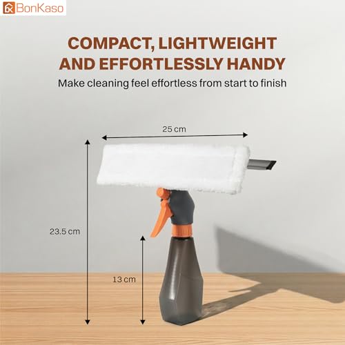 Image of BonKaso Glass Cleaner Spray Mop with Squeegee and Microfiber Pad, 250 ml Spray Bottle, Dual Spray and Stream Nozzle, Window Wiper and Glass Cleaning Tool for Mirrors, Car Windshield and Tiles