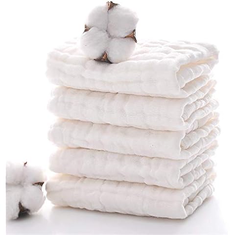 MUKIN Baby Muslin Washcloths, Natural Cotton, Soft Newborn Face Towel, 5 Pack, 12 x 12 inches (White) Cover