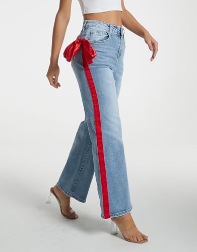 Kedera Womens Side Stripe Wide Leg Jeans Bow Ribbon Flared Denim Pants Y2K Trendy Casual Straight High Waisted Trousers4