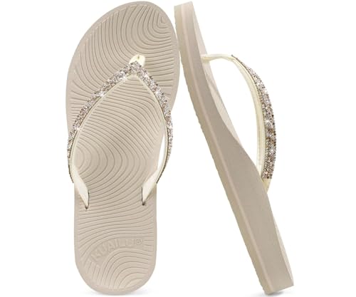 KuaiLu Women's Rhinestone Flip Flops with Comfort Arch Support Yoga Mat Cushion Sandals Fashion Summer Beach Pool Travel Orthotic Walking Thong Sandles Slip on Plantar Fasciitis Beige White 8