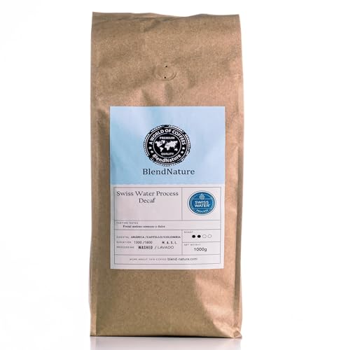 Café Descafeinado Swiss Water en Grano 1kg Natural–Procesado en Canadá utilizando únicamente agua y tiempo elimina la cafeína en un 99,9% Conserva todo su sabor–Libre de productos químicos