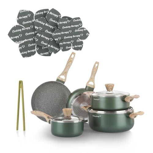 KASANOVA Batteria pentole Cooking Therapy, Set pentole induzione e padelle antiaderenti con paletta, Set cucina completo con scritta al laser e manici effetto legno (12 Pezzi)
