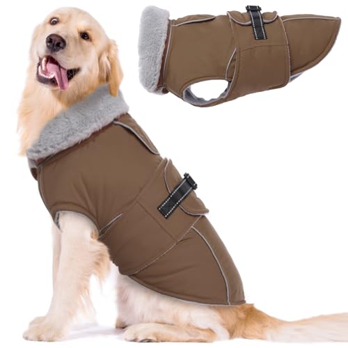 Image of Lelepet Dog Coats for Large Dogs Waterproof Dog Jacket with Adjustable Fit | Reflective Winter Coat Pet Fleece Vest Windproof Cold Weather Coats with Adjustable Buckle & Leash Hole, Brown, XXXL