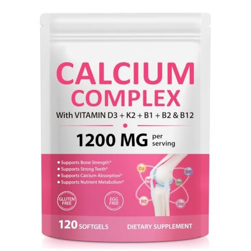 Calcium Supplements, Calcium Complex Softgels with Vitamin D3 & K2,Calcium Supplement for Bone & Teeth Health, Supports Absorption, with B Vitamins B1 B2 B12, Collagen & Plant Nutrients, 120 Capsules
