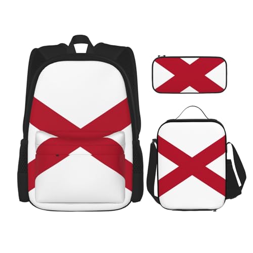 Alabama State Flag Print 3 Piece Backpack Set, Laptop Daypack, Lightweight Bookbag Set With Lunch Bag Pencil Case