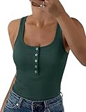 Aottori Camisetas Sin Mangas Verano Mujer Chaleco Básico Cuello U Acanalado Top Botones Liso Ajustado Elástico Camiseta Casual Tipo Túnica Verde XXL
