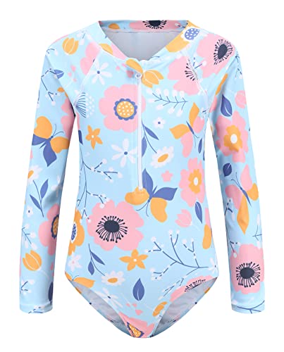 Image of Girls One Piece Swimsuits Long Sleeve Rash Guard for Kids Girls Hawaiian Swim Shirts UPF 50+ Sun Protection