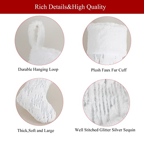 YOSICHY 18” Christmas Stockings White Plush Faux Fur with Glitter Silver Sequins Snowy Xmas Hanging Stocking for Holiday Party Décor Pack of 2 - Thumbnail 3